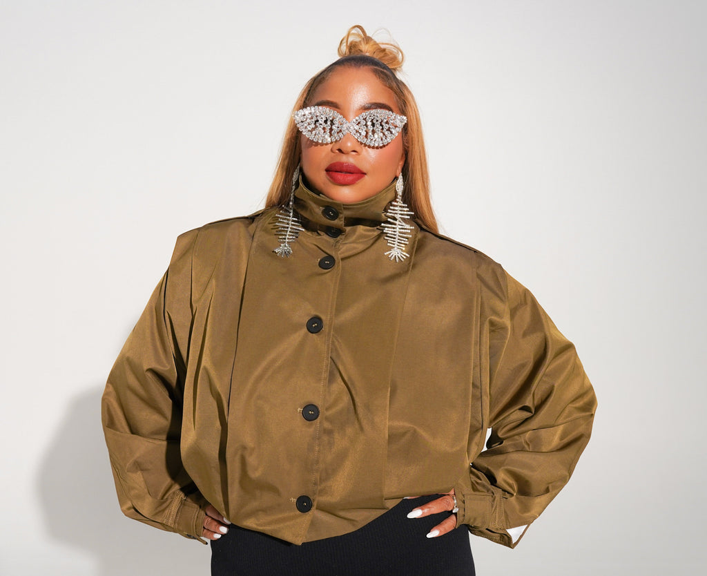 Khaki pleated crop jacket